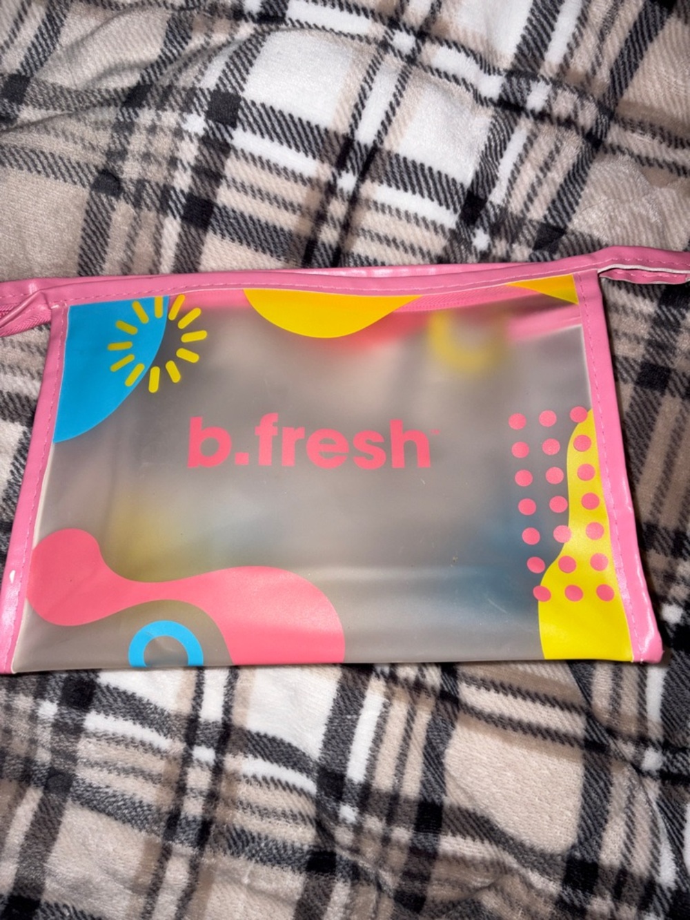 fresh Pink Trim Clear Cosmetic Pouch with Multicolor Graphic Accents
